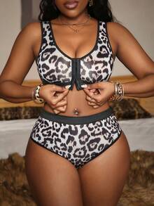 两件套性感女士豹纹丝绸质感前扣高腰内衣套装 - 彩色 - 查看 3