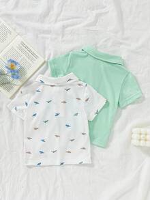 SHEIN Vintaside Kids 男婴夏季POLO衫两件套，采用针织面料，宽松版型，厚度适中，藏蓝色调沉稳大气，条纹印花时尚亮眼，展现休闲活力。POLO领设计增添一丝优雅，适合玩耍，搭配牛仔短裤和运动鞋，宛如一位帅气的小绅士。也适合居家休闲、婚礼、度假、学校学习、演出活动、参加派对等场合。 - 彩色 - 查看 2