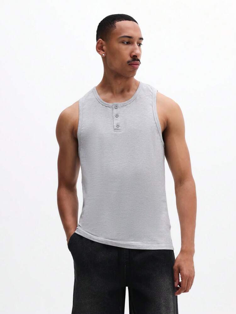 남성 민소매 헨리 탱크탑 면 혼방 캐주얼 여름 민소매 셔츠 머슬 티 쓰리 버튼 플래킷 크루 넥 립 탱크