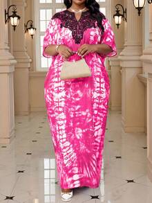 SHEIN Lady 春夏秋冬优雅紫色编织缺角长袍连衣裙，蕾丝领，度假大码连衣裙 - 玫紅色 - 查看 4