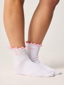 Missguided x Playboy 3 Pack Ribbed Ankle Socks With Ruffle Trim And Brand Logo Embroidery For Casual Everyday Wear - Multicolor - View 3