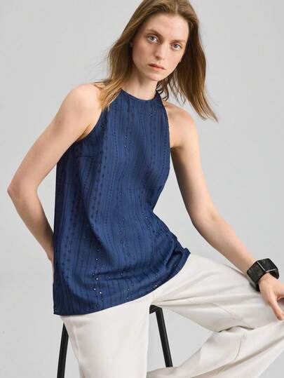 Ontre Elegant Embroidered Sleeveless Blouse For Women, Chic And Romantic French Style, Luxurious Fabric, Suitable For Wedding Guest, Business Casual, Office Wear, Airport, Cruise, Middle East Events, Versatile For All Seasons