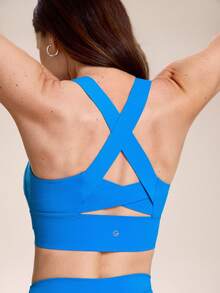 GLOWMODE DD+ FeatherFit™-Sculpt Support & Shine Buttery-Soft Non-See-Through Compressive Stretchy Crossback Design Removable Cups Cropped Tank Top Low Impact Yoga Studio Pilates Daily Active Wear - Blue Power - View 2