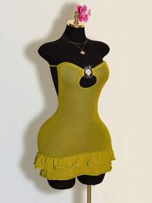 SHEIN ICON 女士金属贝壳链条无肩带荷叶边性感针织连衣裙 - 綠色 - 查看 5