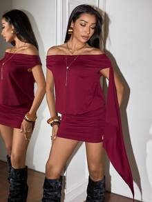 EgrlEra Women's Fashionable Off-Shoulder Wine Red Dress - Burgundy - View 6