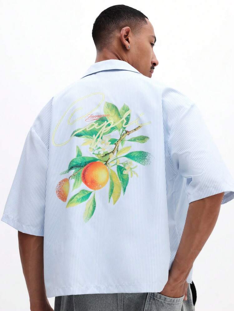 Men's Boxy Fit Stripe Resort Shirt With Tropical Fruit Back Graphics Short Sleeve Button Up Casual Summer Vacation Shirt