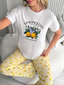 SHEIN Cotton 2pcs Women Limon Print Short And Limoncello Print Top Homewear Pajama Set - Yellow - View 4