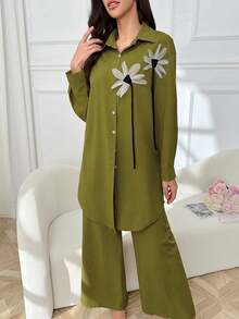 Mulvari 2件套女士3D立体花卉装饰衬衫和裤子套装 - 綠色 - 查看 3