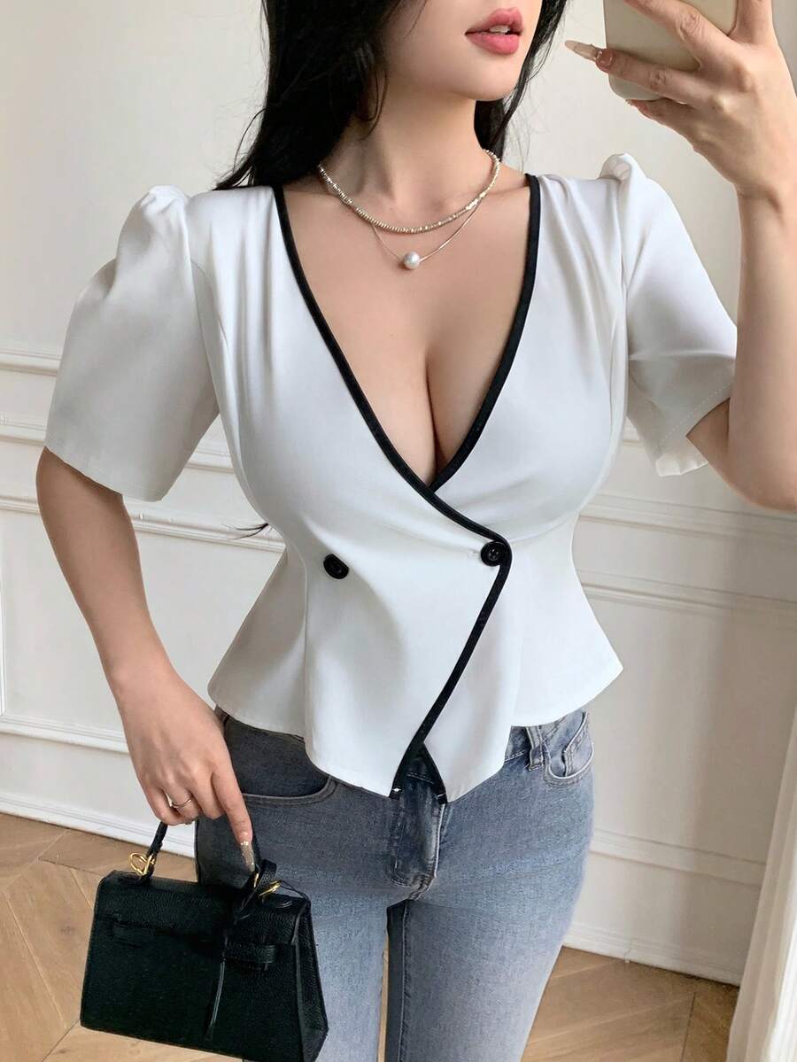 Celisse Blusa de moda con cuello en V profundo, doble botonadura y mangas abullonadas con volantes para mujer - Blanco - Ver 1