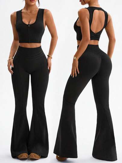 Dewbera 2pcs Women Seamless Sexy Backless Scoop Neck Front Zipper Slimming Running Fitness Yoga Tank Top And Flared Pants Sports Suit
