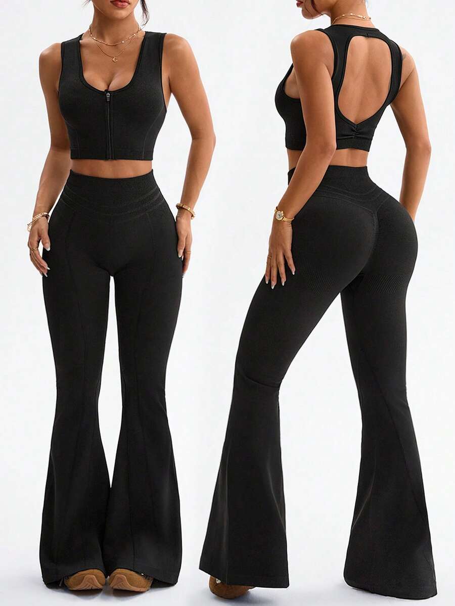 Dewbera Bộ đồ thể thao 2 món dành cho nữ, gồm áo tank top và quần ống loe, không đường may, hở lưng, cổ tròn, khóa kéo phía trước, ôm dáng, thích hợp cho chạy bộ, tập thể dục, yoga. - màu đen - Xem 1