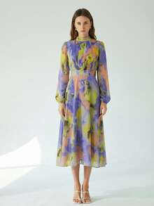 Aveloria Modichic Robe longue à manches longues pour femmes avec taille cintrée, plis à l'avant et imprimé tie-dye bleu-vert élégant et polyvalent pour le travail - Multicolore - Voir 4