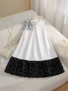 SHEIN Young Girl Woven Colorblock Round Neck Sleeveless 3D Floral Casual Dress - Multicolor - View 5