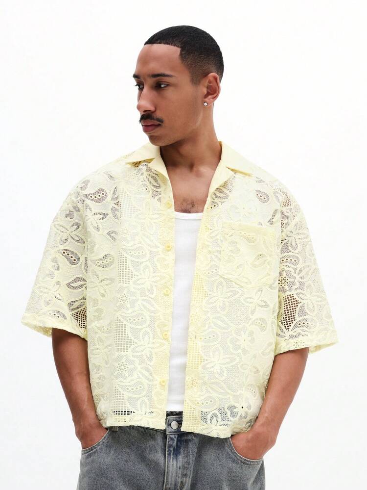 Mens Boxy Fit Embroidered Lace Resort Shirt Short Sleeve Button Down Collared Summer Vacation Beach Casual Top