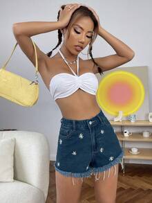 Flirla 夏季款毛边宽松直筒百搭牛仔短裤 - 中等水洗藍 - 查看 4