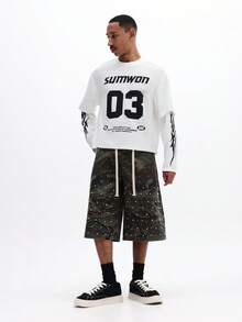 SUMWON Men's Camouflage Rhinestone Embellished Wide Leg Denim Shorts With Drawstring Waist Knee Length Summer Streetwear Festival Rave Party Urban Style - Army Green - View 3