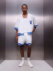 PLAYBOY X SUMWON Men's Casual Summer Drawstring Shorts With Wave Print Detail And Bunny Logo Holiday Beach Vacation Relaxed Fit Elastic Waistband - Multicolor - View 3