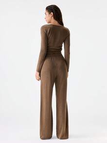 Loungeista 2pcs Set Women Long Sleeve Solid Color Tight Fitting Top And Pants Set, Spring/Autumn/Winterfor Summer - View 2