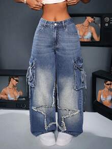 SHEIN ICON 女士休闲水洗直筒工装牛仔裤 - 藍色 - 查看 3