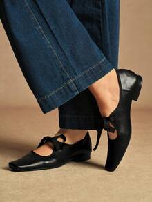 Rosivie 法式方头蝴蝶结玛丽珍鞋复古女鞋真皮平底低帮小皮鞋时尚奶奶鞋 - 黑色 - 查看 3