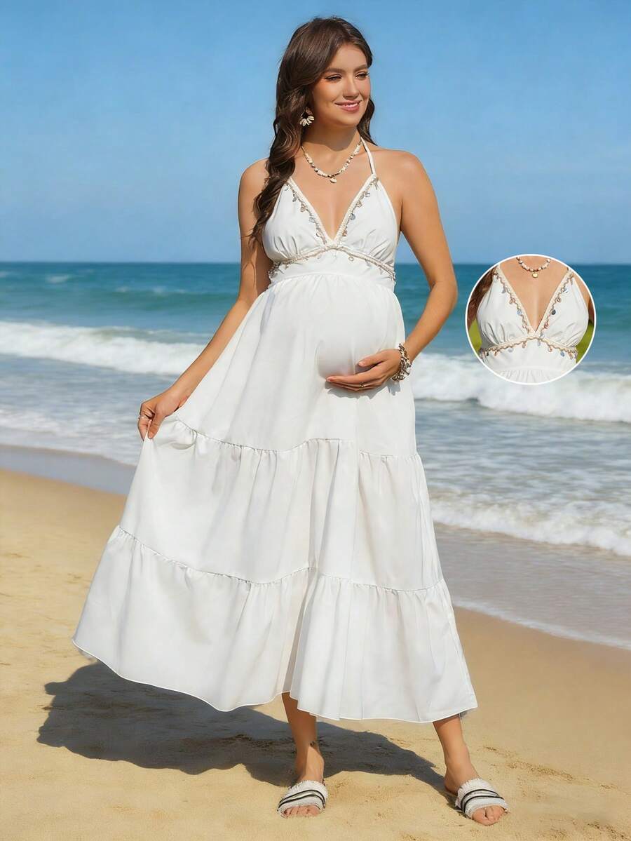SHEIN 孕妇纯色吊带露背褶皱时尚度假连衣裙 - 白色 - 查看 1