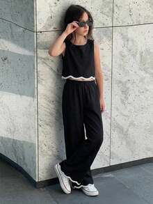 SHEIN 2件套少女碎花圆领休闲吊带背心和裤子套装 - 藍色 - 查看 4