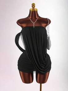 Amplova 2026新款黑色撞色蕾丝性感无肩带迷你连衣裙（女款） - 黑色 - 查看 10