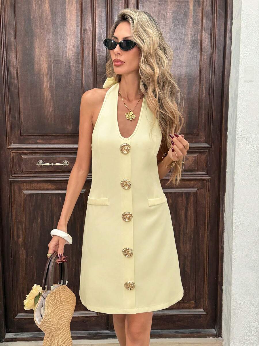 Pariaura 2026 Summer Vacation Open Front Metal Button Deep V Backless Halter Dress In Pale Yellow - Cream - View 1