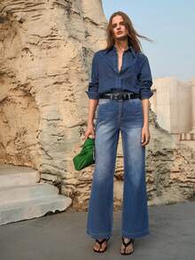 MOTF PREMIUM 刺绣深色水洗牛仔基础款衬衫，春夏款 - 深色水洗藍 - 查看 5