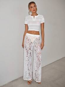 SHEIN ICON Women's Sexy Vacation Style Paisley Lace Semi-Sheer Flare Pants - White - View 4