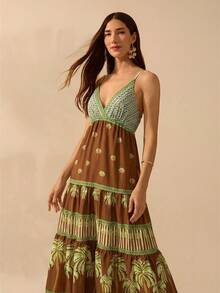 CAJUNI Women's Boho Tropical Coconut Tree Print V-Neck Spaghetti Strap Dress, Casual Holiday Beach Dress For Summer - Brown - View 4