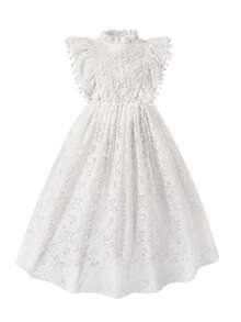 Elladie kids 夏季女童白色蕾丝提花连衣裙，饰有蓬松绒球，优雅舒适，适合日常穿着、聚会和派对。 - 白色 - 查看 7