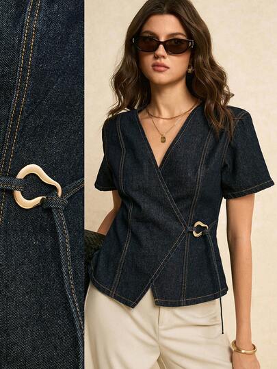 Poéselle Women's Denim Wrap-Style Short-Sleeved Top With Metallic Embellishments, Fashionable Short-Sleeved V-Neck Fitted Denim Top, Dark Blue Denim Shirt. Summer Tops Spriung Slothes Women Party Tops Elegant Blouses For Women Nacation Casual Blouses For Women
