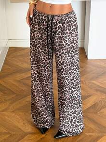 SHEIN EZwear Women's Leopard Print Drawstring Waist Loose Sweatpants - Multicolor - View 4