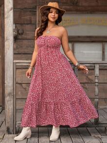 SHEIN LUNE Đầm maxi cúp ngực, thắt eo, màu đỏ rượu vang họa tiết hoa nhí dành cho nữ cỡ lớn, trang phục thường ngày đi biển mùa xuân/hè. - Đỏ - Xem 5
