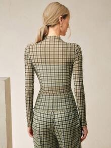 Anewsta Women's Fashionable Retro Brown Plaid Slim Fit Lightweight Long Sleeve Summer Tops - Green - View 5