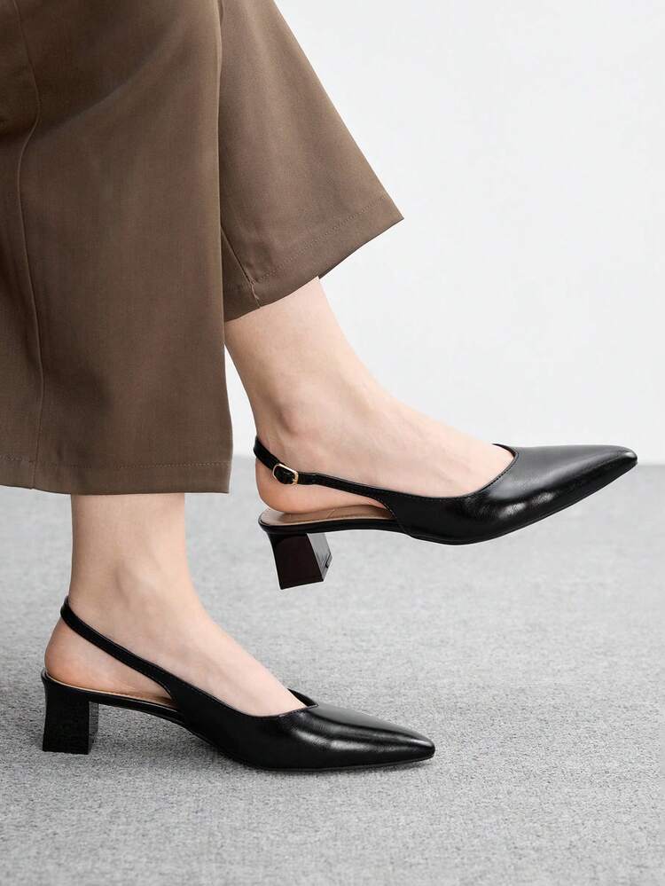 CUCCOO BIZCHIC Women's Pointed Toe Chunky Heel Mid-Heel Black PU Leather Commuting Minimalist Comfortable High Heel Sandals