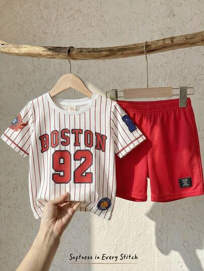 Cozy Pixies Set de 2 piezas con parte superior de manga corta de cuello redondo de punto suave con estampado de letras y pantalones cortos de cintura elástica para niño pequeño