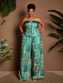 Maweii Set de 2 piese casual pentru femei, mărime plus, cu imprimeu floral, top camisol și pantaloni largi - Multicolor - Vizualizare 2