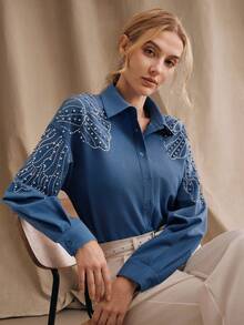 Anewsta Spring/Summer New Arrival Modern Fashion Embellished Rhinestone & Pearl Decor Women Elegant Blouse Rhinestone Shirt - Blue - View 7