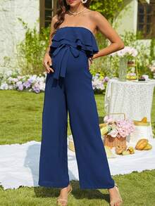 SHEIN Sleeveless Ruffled Tie-Front Jumpsuit For Pregnant Women, Spring/Summer - Navy Blue - View 4