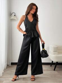 EURMUSE Women's Black Satin Two Pieces Set – Halter Peplum Top & Wide-Leg Pants - Black - View 4