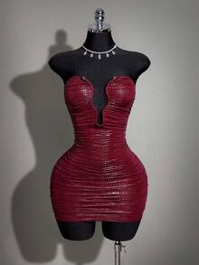 SHEIN ICON 女士修身连衣裙，镂空领口，金属装饰 - 酒紅色 - 查看 1