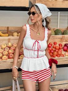 Selianne 女士优雅度假风撞色荷叶边方领收腰A字吊带背心 - 白色 - 查看 4