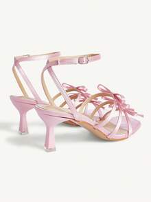 CUCCOO CHICEST Pink Satin Bow High Heel Sandals Square Toe Strap Cross Strap Elegant Banquet Sandals - Pink - View 10