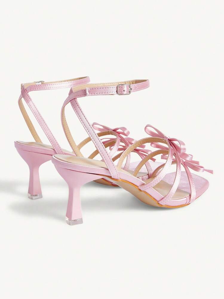 CUCCOO CHICEST Pink Satin Bow High Heel Sandals Square Toe Strap Cross Strap Elegant Banquet Sandals Wedding Shoes Summer Shoes Bride Shoes