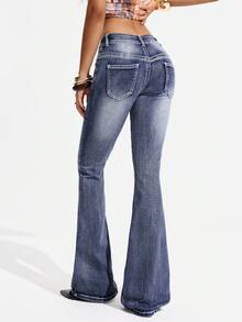 SHEIN Tall Women's Pocket Button Casual Versatile Daily Wear Flare Leg Jeans - Dark Wash - View 2
