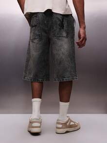 PLAYBOY X SUMWON Pantalones cortos de verano casuales para hombres de pierna ancha, longitud hasta la rodilla, con lavado vintage, de mezclilla, con cordón en la cintura - Negro - Ver 2