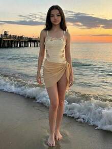 SHEIN Bộ đồ bơi ôm sát, chất liệu mềm mại, phối màu tương phản, dành cho bé gái tuổi teen. - Màu be - Xem 7