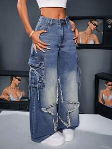 SHEIN ICON 女士休闲水洗直筒工装牛仔裤 - 藍色 - 查看 4